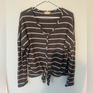 Altar'd State Charcoal Cardigan with Striped Pattern and V-Neck